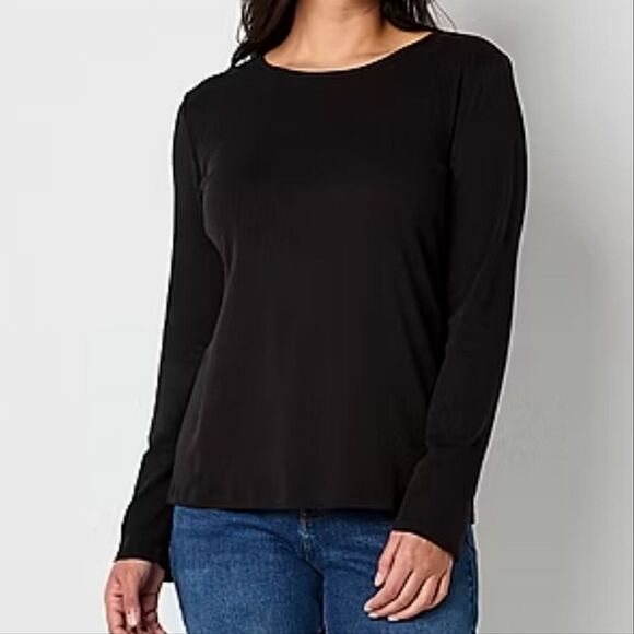 Liz Claiborne Black Cotton Crew Long Sleeve Pullover Top - Picture 1 of 14